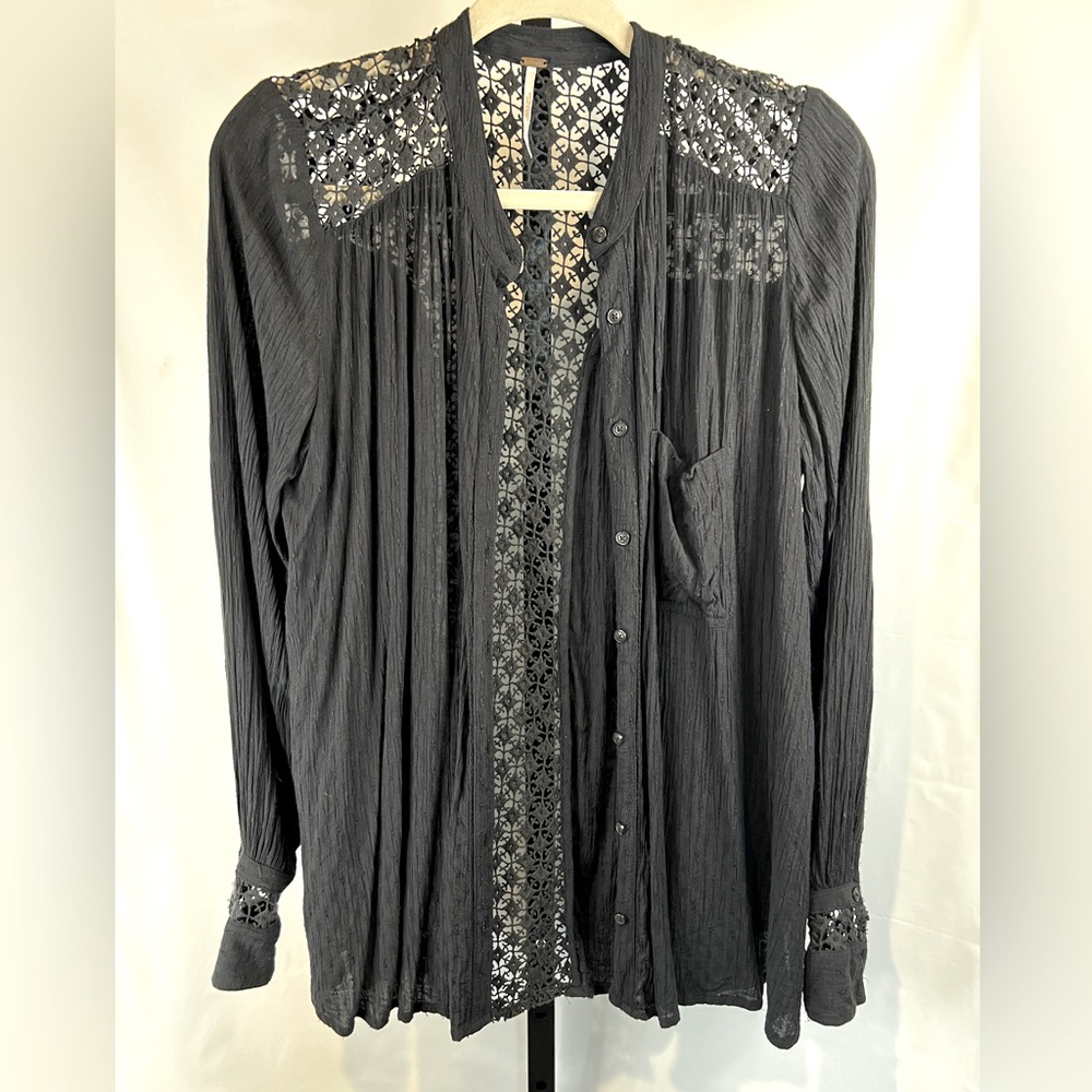Free People The Best Blouse Lace Crochet Hi Lo Hem Long Sleeve
